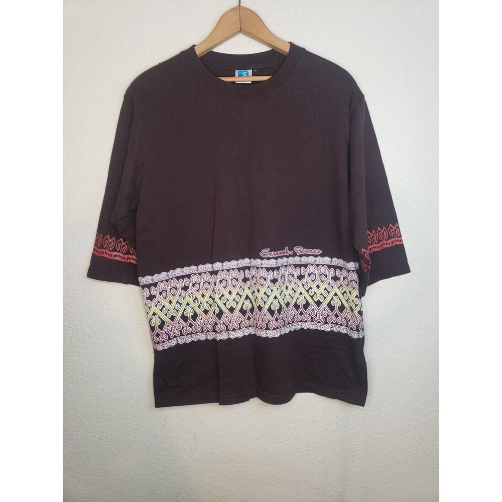 Sarawak Borneo 90s Aztec Geometric TRIBAL Shirt LARGE Graphic Brown HALF SLEEVE